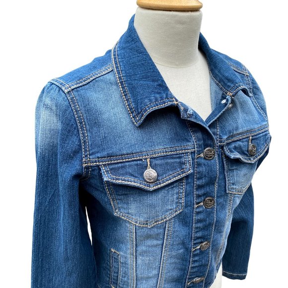 Earl Jean Distressed Faded Denim Trucker Jean Jacket-Gilmore Girls vibe-size S - Picture 4 of 16
